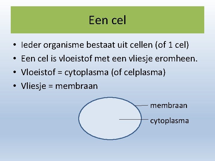 Een cel • • Ieder organisme bestaat uit cellen (of 1 cel) Een cel