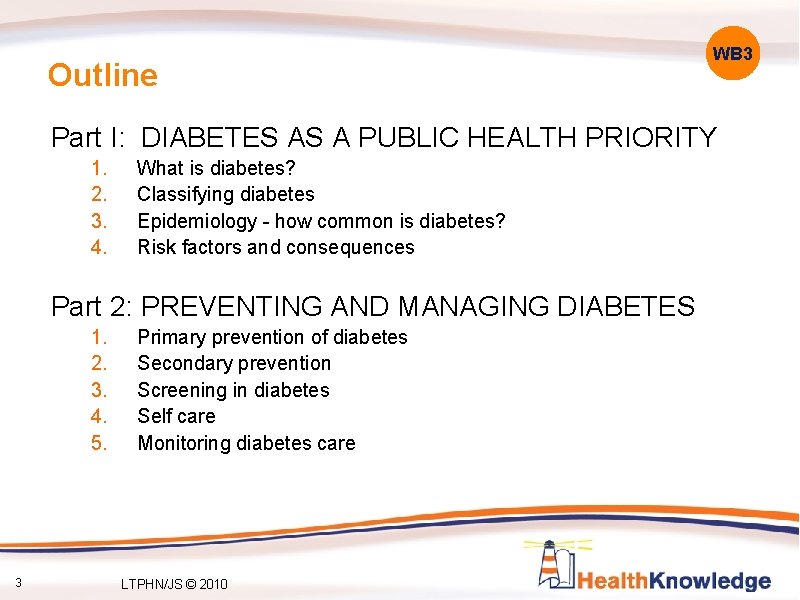 Outline WB 3 Part I: DIABETES AS A PUBLIC HEALTH PRIORITY 1. 2. 3.