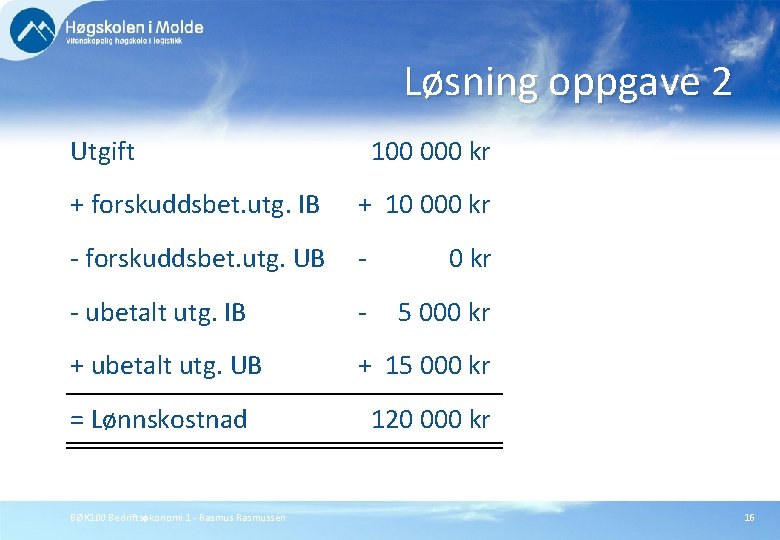 Løsning oppgave 2 Utgift 100 000 kr + forskuddsbet. utg. IB + 10 000