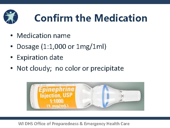 Confirm the Medication • • Medication name Dosage (1: 1, 000 or 1 mg/1