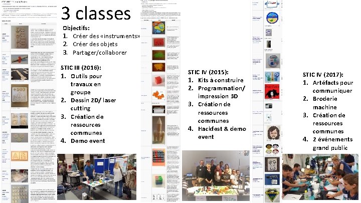 3 classes Objectifs: 1. Créer des «instruments» 2. Créer des objets 3. Partager/collaborer STIC