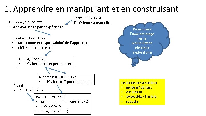 1. Apprendre en manipulant et en construisant Rousseau, 1712 -1788 • Apprentissage par l’expérience