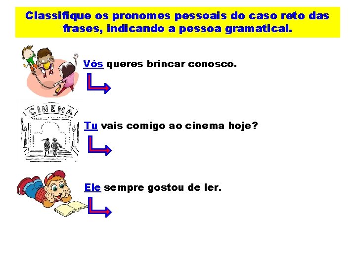 Classifique os pronomes pessoais do caso reto das frases, indicando a pessoa gramatical. Vós