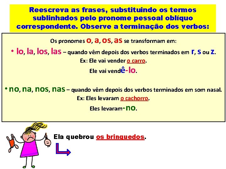 Reescreva as frases, substituindo os termos sublinhados pelo pronome pessoal oblíquo correspondente. Observe a