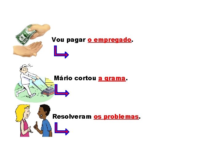 Vou pagar o empregado. Mário cortou a grama. Resolveram os problemas. 