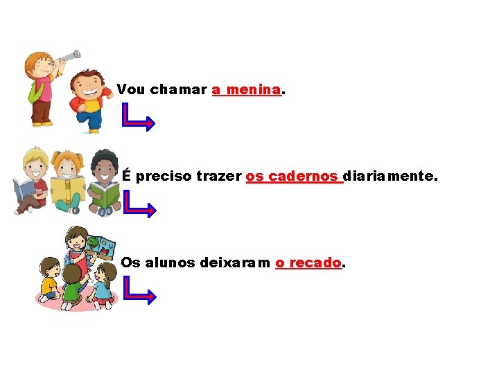 Vou chamar a menina. É preciso trazer os cadernos diariamente. Os alunos deixaram o