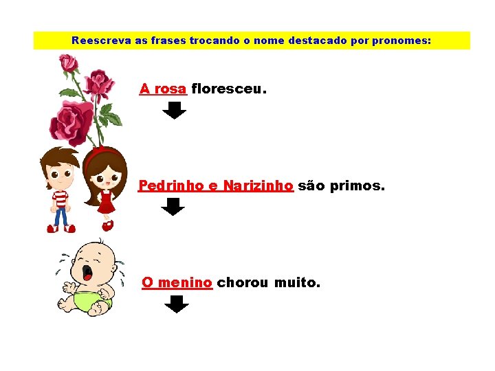 Reescreva as frases trocando o nome destacado por pronomes: A rosa floresceu. Pedrinho e