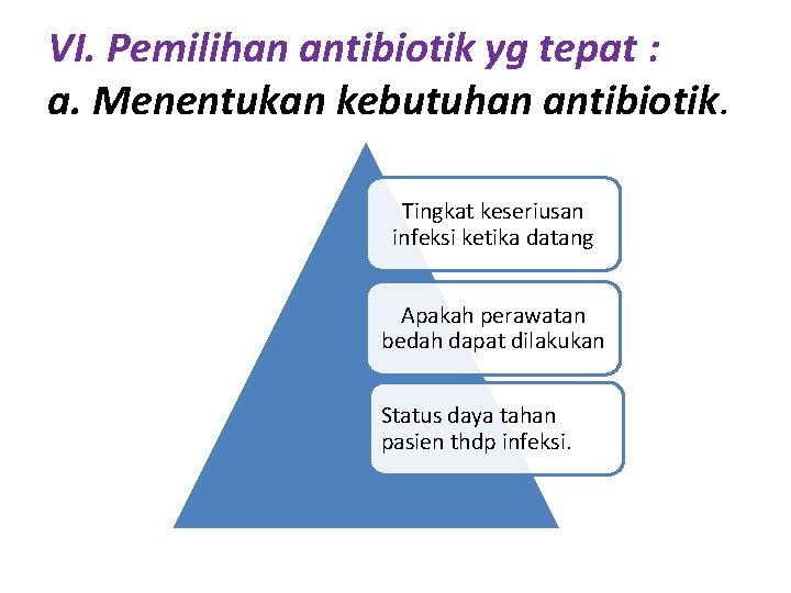 VI. Pemilihan antibiotik yg tepat : a. Menentukan kebutuhan antibiotik. Tingkat keseriusan infeksi ketika