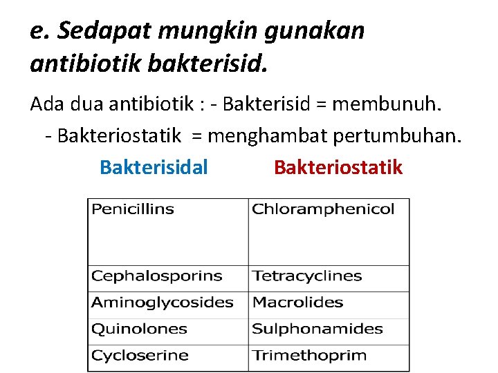 e. Sedapat mungkin gunakan antibiotik bakterisid. Ada dua antibiotik : - Bakterisid = membunuh.