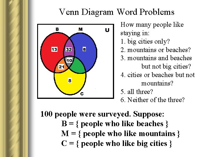 Venn Diagram Word Problems How many people like staying in: 1. big cities only?