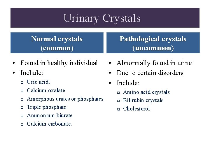 Urinary Crystals Normal crystals (common) • Found in healthy individual • Include: q q