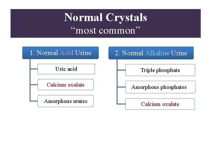 Normal Crystals “most common” 1. Normal Acid Urine 2. Normal Alkaline Uric acid Triple