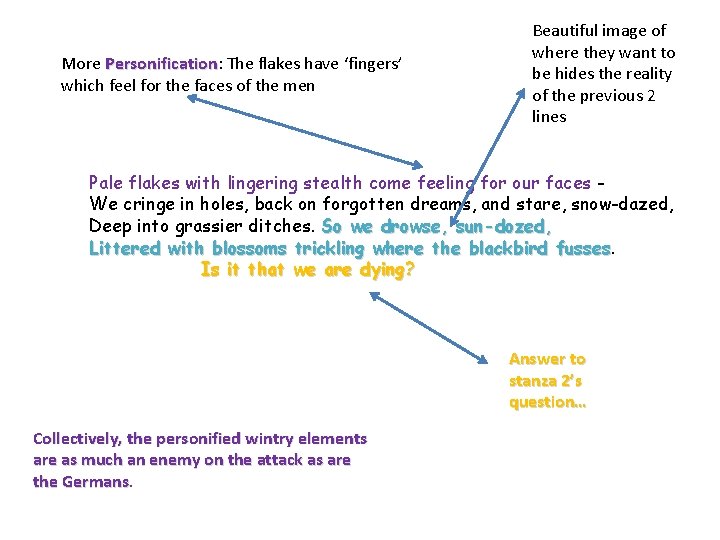 More Personification: The flakes have ‘fingers’ Personification which feel for the faces of the