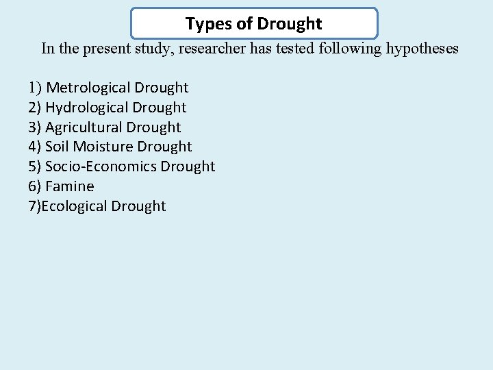 Types of Drought In the present study, researcher has tested following hypotheses 1) Metrological