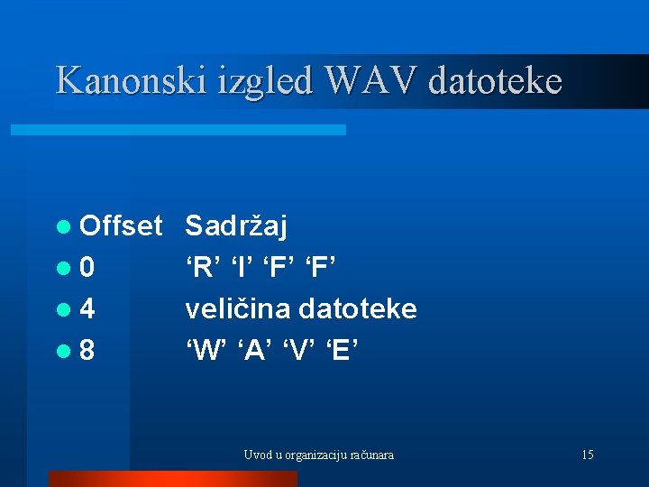 Kanonski izgled WAV datoteke l Offset l 0 l 4 l 8 Sadržaj ‘R’