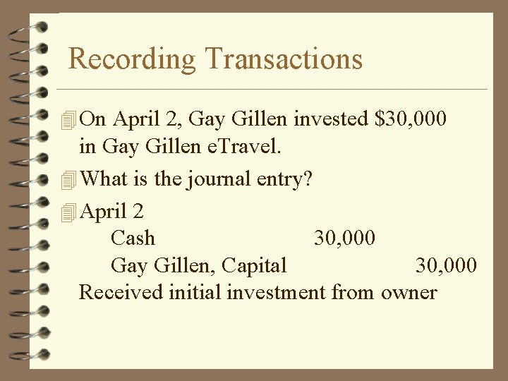 Recording Transactions 4 On April 2, Gay Gillen invested $30, 000 in Gay Gillen