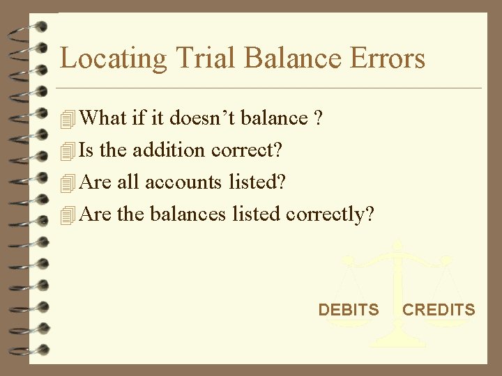 Locating Trial Balance Errors 4 What if it doesn’t balance ? 4 Is the