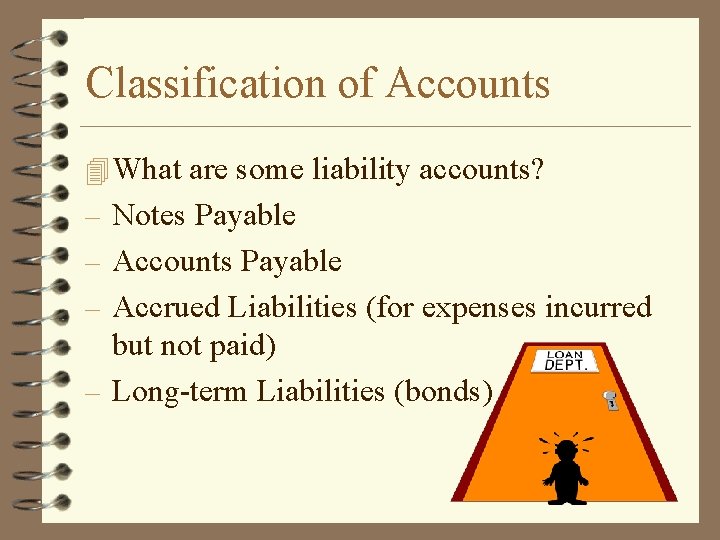 Classification of Accounts 4 What are some liability accounts? – Notes Payable – Accounts