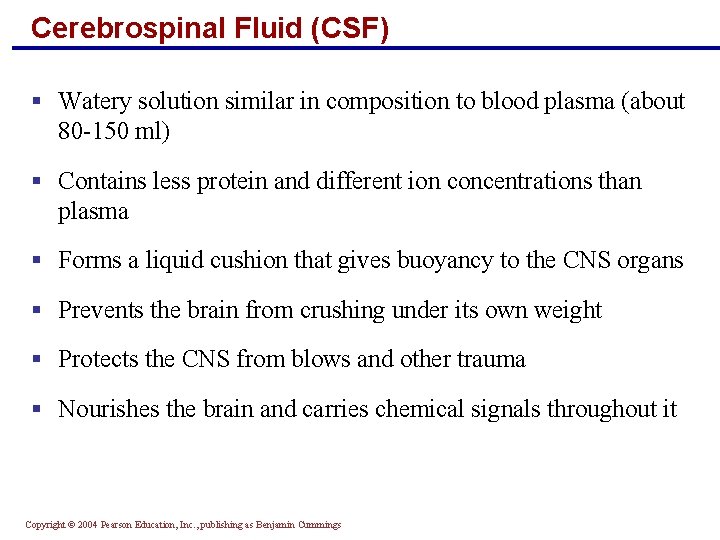 Cerebrospinal Fluid (CSF) § Watery solution similar in composition to blood plasma (about 80