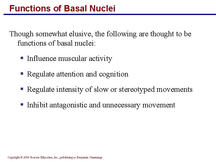 Functions of Basal Nuclei Though somewhat elusive, the following are thought to be functions