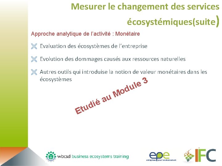 Mesurer le changement des services écosystémiques(suite) Approche analytique de l’activité : Monétaire Ë Evaluation