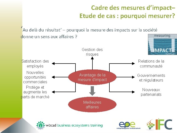 Cadre des mesures d’impact– Etude de cas : pourquoi mesurer? ‘Au delà du résultat’