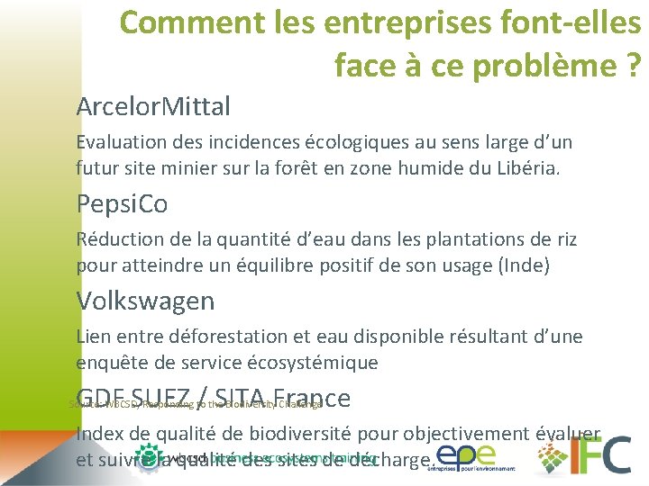 Comment les entreprises font-elles face à ce problème ? Arcelor. Mittal Evaluation des incidences