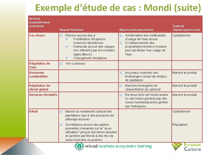 Exemple d’étude de cas : Mondi (suite) Services écosystémiques prioritaires Risques Potentiels Opportunités potentielles