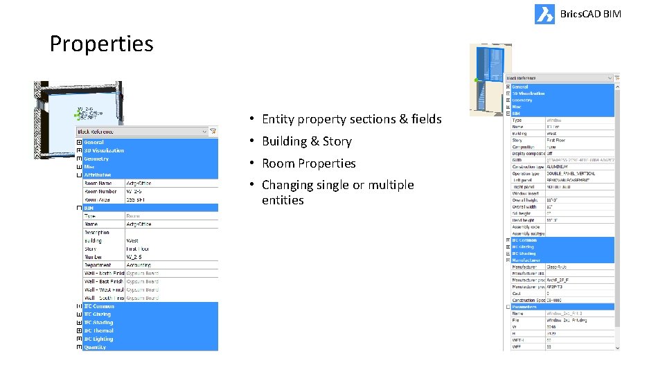 Brics. CAD BIM Properties • Entity property sections & fields • Building & Story