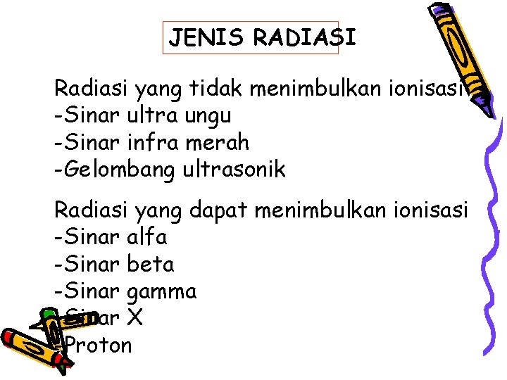 JENIS RADIASI Radiasi yang tidak menimbulkan ionisasi -Sinar ultra ungu -Sinar infra merah -Gelombang