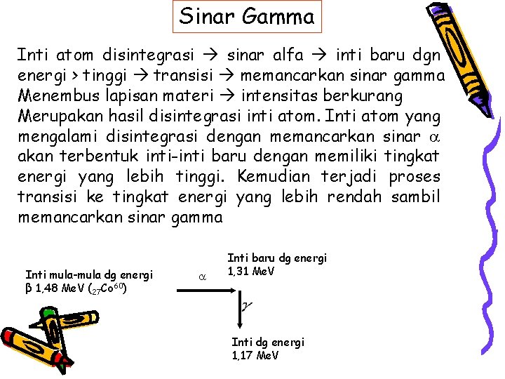 Sinar Gamma Inti atom disintegrasi sinar alfa inti baru dgn energi > tinggi transisi