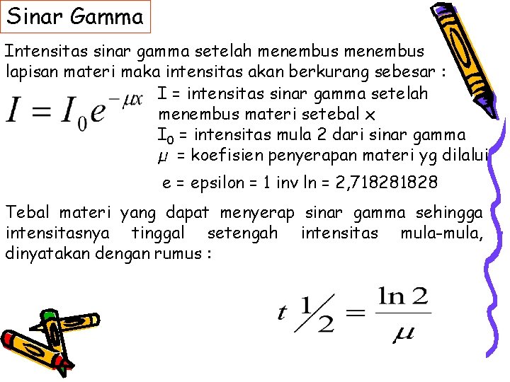 Sinar Gamma Intensitas sinar gamma setelah menembus lapisan materi maka intensitas akan berkurang sebesar