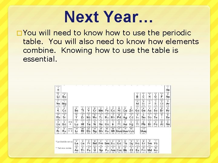 Next Year… � You will need to know how to use the periodic table.