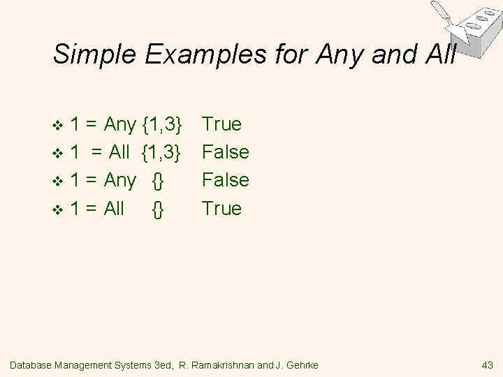 Simple Examples for Any and All 1 = Any {1, 3} v 1 =