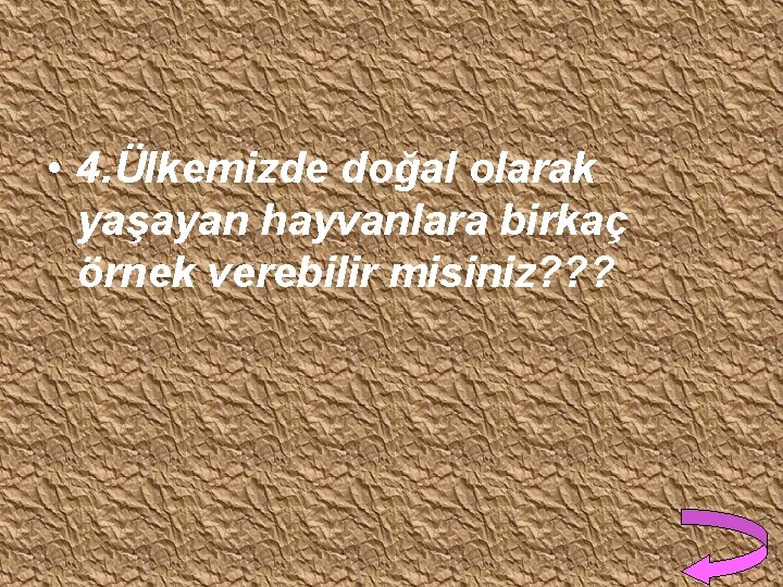  • 4. Ülkemizde doğal olarak yaşayan hayvanlara birkaç örnek verebilir misiniz? ? ?