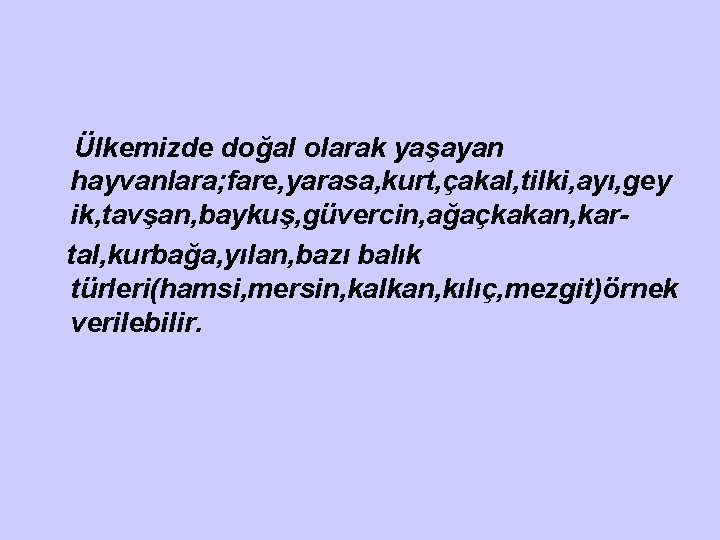 Ülkemizde doğal olarak yaşayan hayvanlara; fare, yarasa, kurt, çakal, tilki, ayı, gey ik, tavşan,