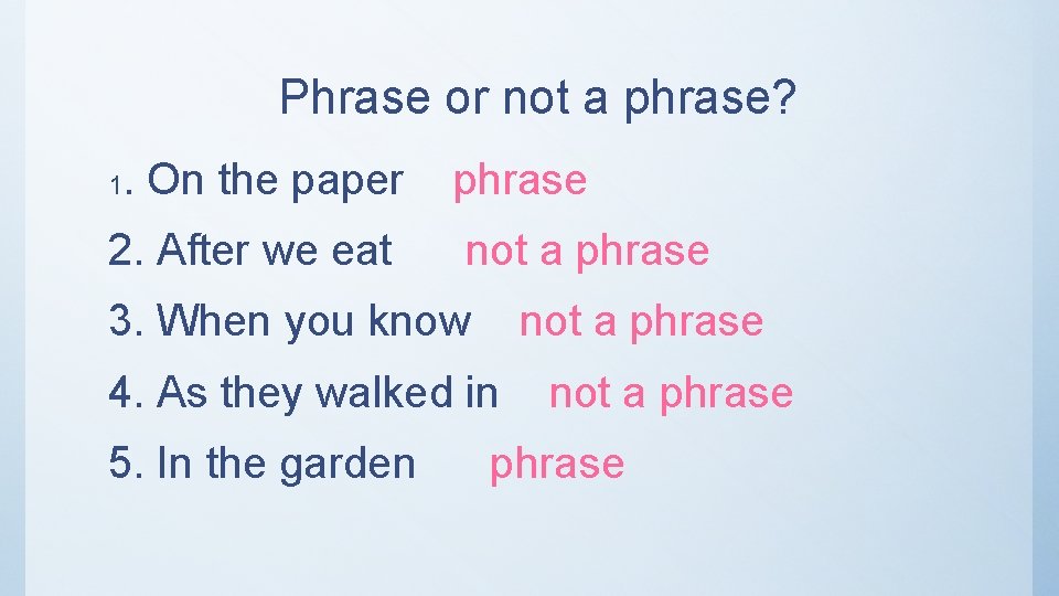 Phrase or not a phrase? 1 . On the paper 2. After we eat