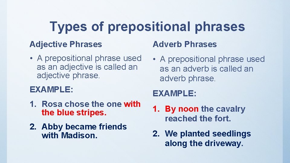 Types of prepositional phrases Adjective Phrases Adverb Phrases • A prepositional phrase used as