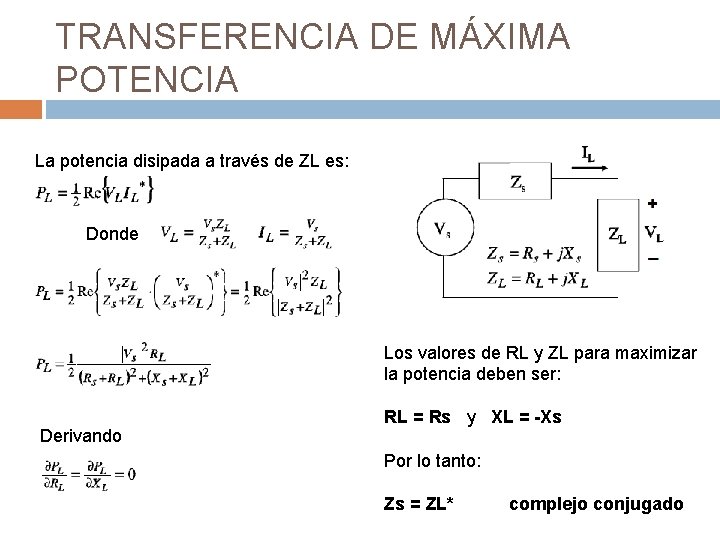 TRANSFERENCIA DE MÁXIMA POTENCIA La potencia disipada a través de ZL es: Donde Los