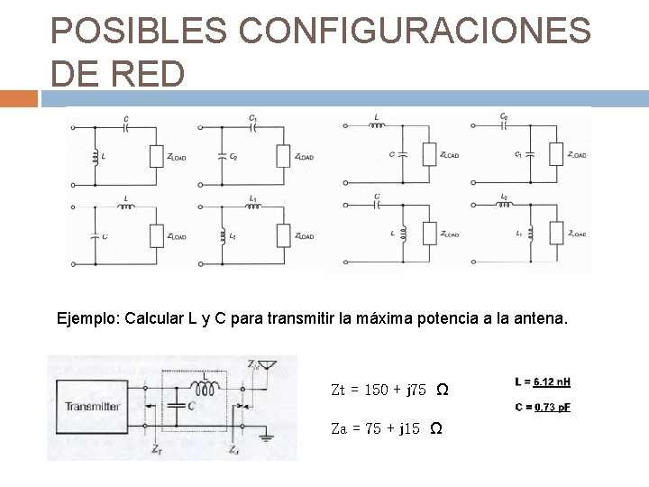 POSIBLES CONFIGURACIONES DE RED Ejemplo: Calcular L y C para transmitir la máxima potencia