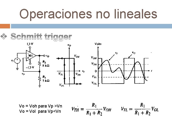 Operaciones no lineales Vo = Voh para Vp >Vn Vo = Vol para Vp<Vn