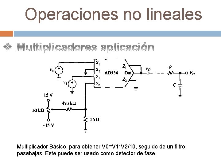 Operaciones no lineales Multiplicador Básico, para obtener V 0=V 1*V 2/10, seguido de un