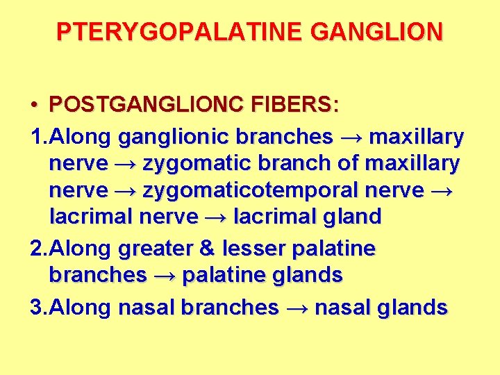 PTERYGOPALATINE GANGLION • POSTGANGLIONC FIBERS: 1. Along ganglionic branches → maxillary nerve → zygomatic