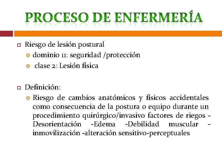  Riesgo de lesión postural dominio 11: seguridad /protección clase 2: Lesión física Definición: