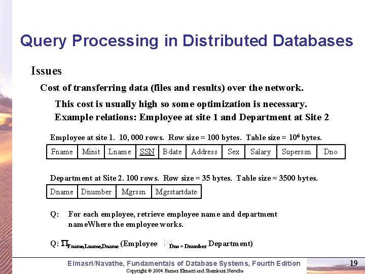 Query Processing in Distributed Databases Issues Cost of transferring data (files and results) over