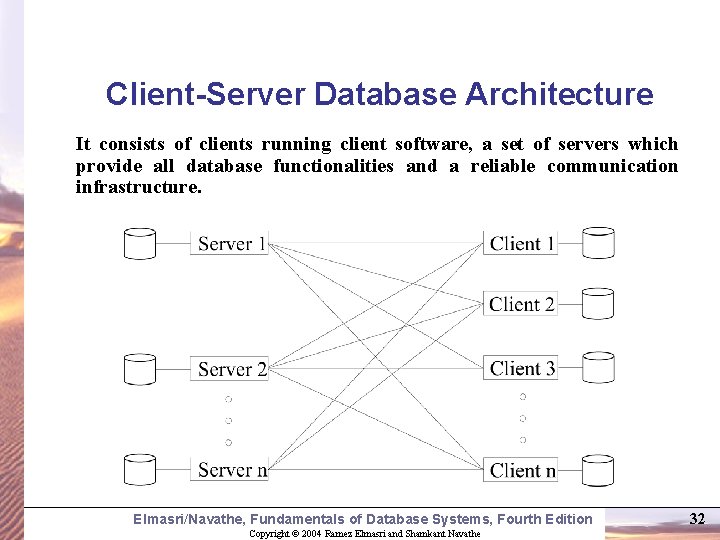 Client-Server Database Architecture It consists of clients running client software, a set of servers