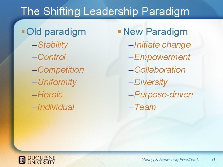 The Shifting Leadership Paradigm § Old paradigm – Stability – Control – Competition –