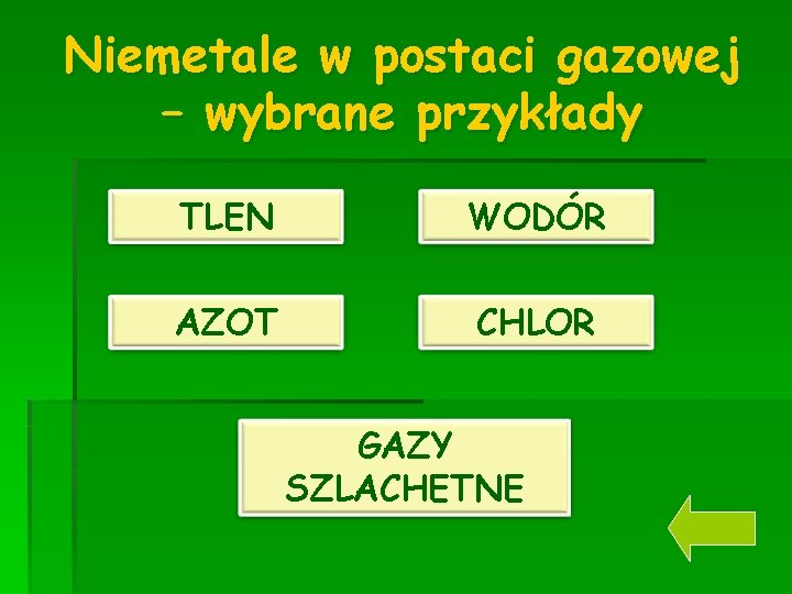 Niemetale w postaci gazowej – wybrane przykłady TLEN WODÓR AZOT CHLOR GAZY SZLACHETNE 
