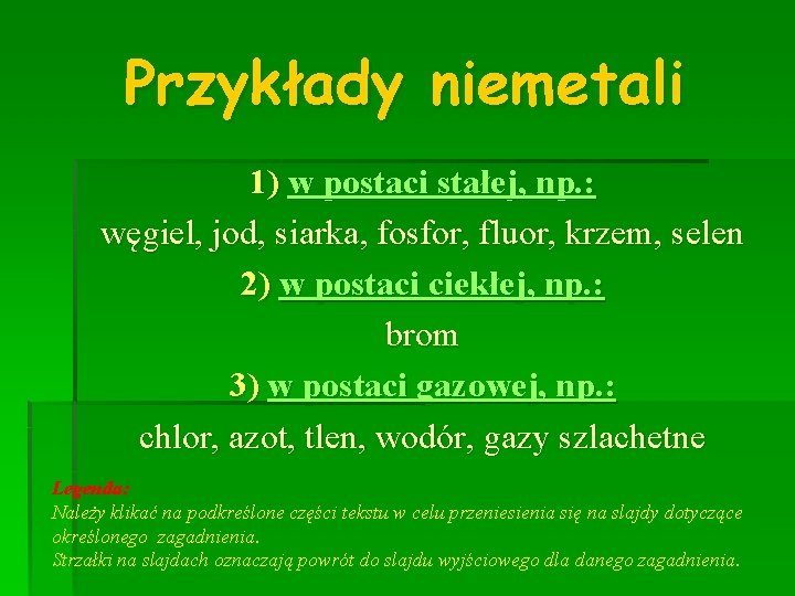 Przykłady niemetali 1) w postaci stałej, np. : węgiel, jod, siarka, fosfor, fluor, krzem,