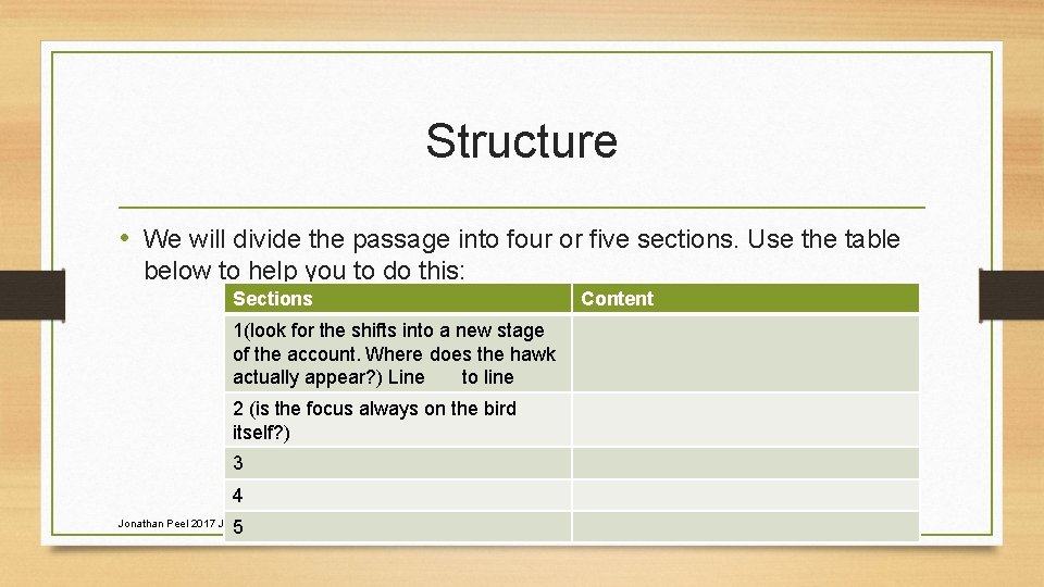 Structure • We will divide the passage into four or five sections. Use the